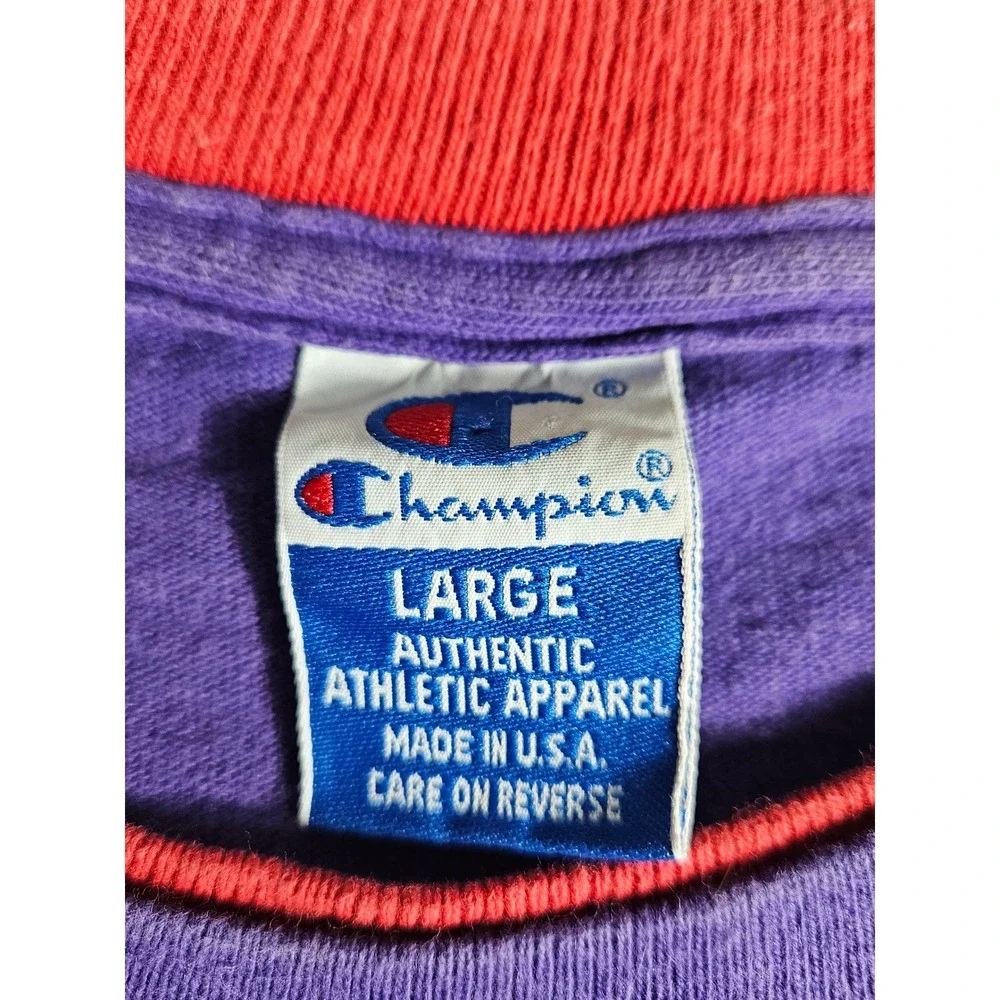 Vintage Champion T Shirt Mens Large Purple Red Script Logo Made in USA 90s - Picture 6 of 10